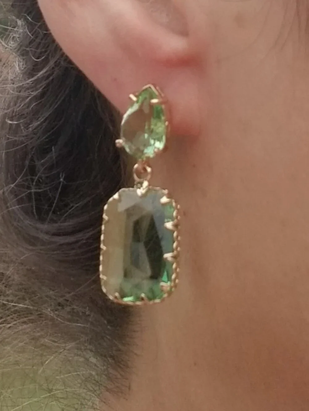 14k Gold Peridot Stud Earrings, Rectangular Peridot Dangle Earrings, Green Stone